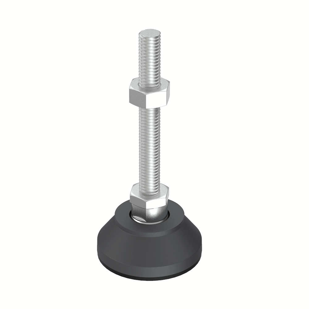 Our high-resistance JTPUU adjustable feet have a base made of <b>Polyamide reinforced with a 30% fiberglass</b>, which supports a maximum load of <b>267 kg or 294 kg</b> , depending on the diameter of the base.<br><br>
These adjustable feet have been designed for applications where a good finish and good mechanical properties are necessary. They are particularly suitable for <b>machinery</b> and are available in M8, M10, M12 and M14.<br><br>
They allow a maximum inclination of <b>15º</b> and can be supplied with <b>non-slip base</b> made of <b>EPDM</b>.<br>
For the standard part, zinc-plated steel <b>(ZCS)</b> or 304 stainless steel <b>(SS)</b> is used and, upon request, we can manufacture it in <b>316</b> .