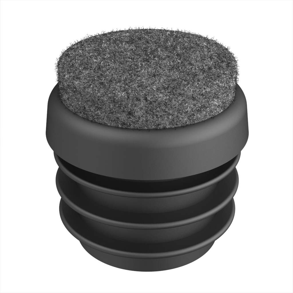 Round inserts plugs with <i>felt base for chairs and furniture</i>. We incorporate the felt by <b>friction welding</b>, which gives it excellent adhesion compared to other felts installed using glues or other systems. The felts that we indicate with greater <b>hardness (++)</b> are made of <b>synthetic</b> material and <i><b>are more resistant to wear and tear</i></b>), while those with <b>lower resistance (+)</b> are made with <b>natural wool</b> and therefore have better <i><b>sound-reducing properties and thermal, acoustic and mechanical protection</i></b>.