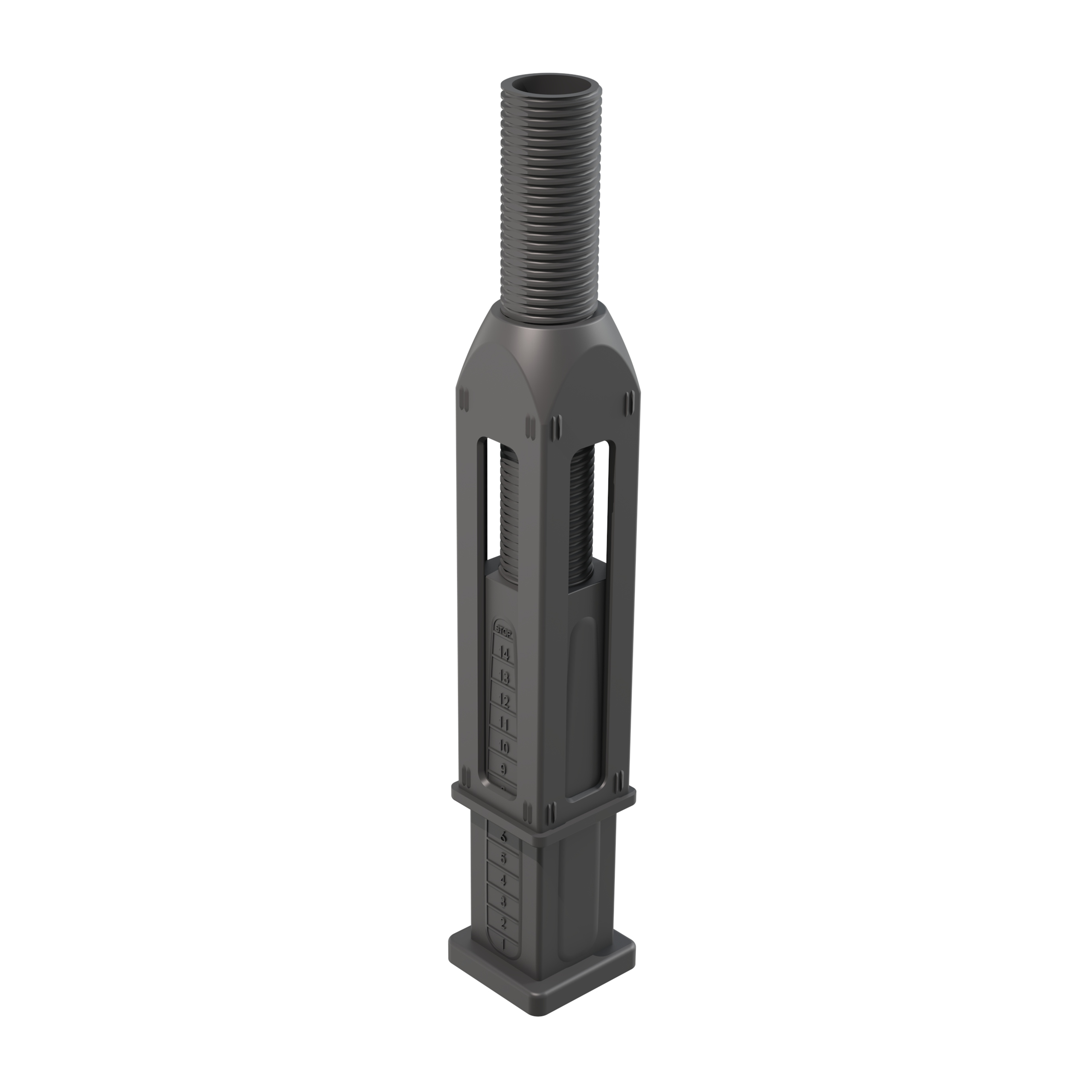 Our LGXY square tube adjustable foot can be inserted under pressure and allows you to easily and precisely adjust the height of the element on which it is installed, such as a table. To do this, simply rotate the square base and match the height marked with numbers in the visible area of the body.<br><br>

This adjustable foot is made of ABS, reaches a maximum height of 140 mm and is compatible with our LYGG anti-slip / shock absorber stop, which is fixed by pressure using the four positioners on its base.