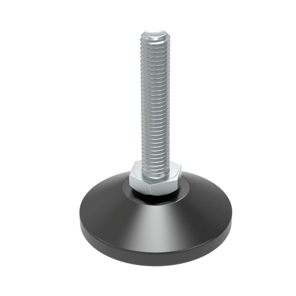 The hex nut of the adjustable foot allows easier fitting. There is a little space between the hexagonal nut and the base, that allows small movement of the screw, in an angle of about 3º. If you are interested in the same part without movement, see our family LHVF. Available with allen socket in the screw head. If you want this part with anti-skid base, please visit our family LHVDZ.