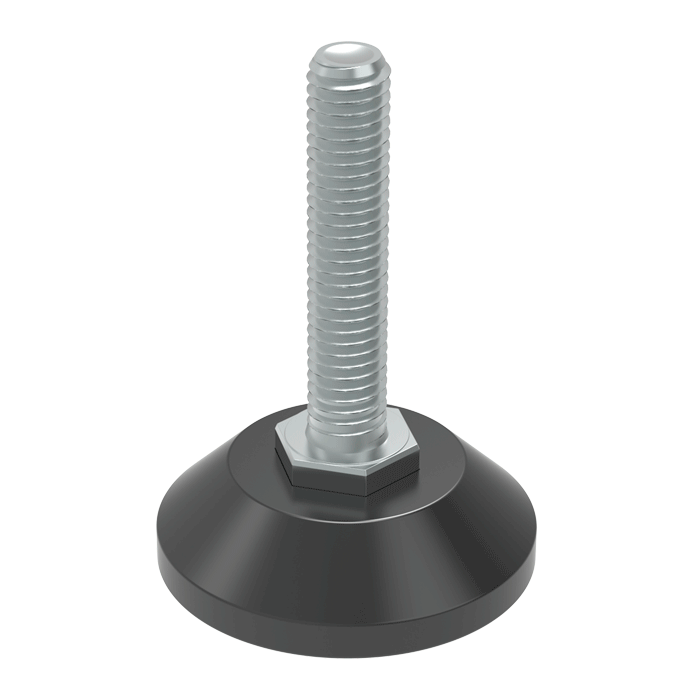 The LHVF leveler is designed to withstand transverse stresses and significant weights. The <b>hexagonal nut on the stud makes adjustment easier once installed</b> (there is a similar leveler but with a <b>movement angle of 8 degrees</b>, family <b><a href='https://www.iscsl.es/pie-nivelador-con-tuerca/lhvd/' target='_top'>LHVD</a></b>).<br>Some references are supplied with a <b>non-slip EPDM material base</b>.