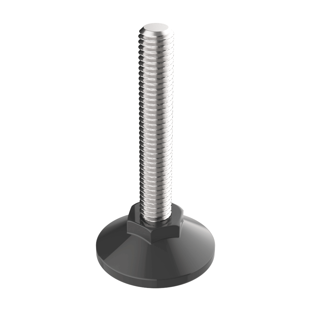 Our LHVFB round base levelling feet are made of Polyamide 6 <b>(PA6)</b> with a Zinc Plated Steel <b>(ZCS)</b> thread and have a built-in nut to adjust their height using an adjustable wrench. We offer different types of base depending on the reference: <br><br>
<i>*Type 1 corresponds to a <b>hollow base</b>. <br></i>
<i>*Type 2 corresponds to a <b>flat base</b>. <br></i>
<i>*Type 3 corresponds to a <b>base with concentric brake slots</b>. <br></i>
<i>*Type 4 has a <b>cross housing</b> to facilitate levelling, and is also available with an <b>Allen housing</b>.</i><br><br>
The axial static load capacity varies according to the reference. For more information, please contact us.<br><br>
Available in various configurations, including:<br><br>
<i>*Polished/bright or eroded/matte finish.</i><br>
<i>*Supplied with Allen housing at the thread end.</i><br>
<i>*Manufactured in Stainless Steel (SS).</i><br><br>
For more details, contact our sales department.<br>