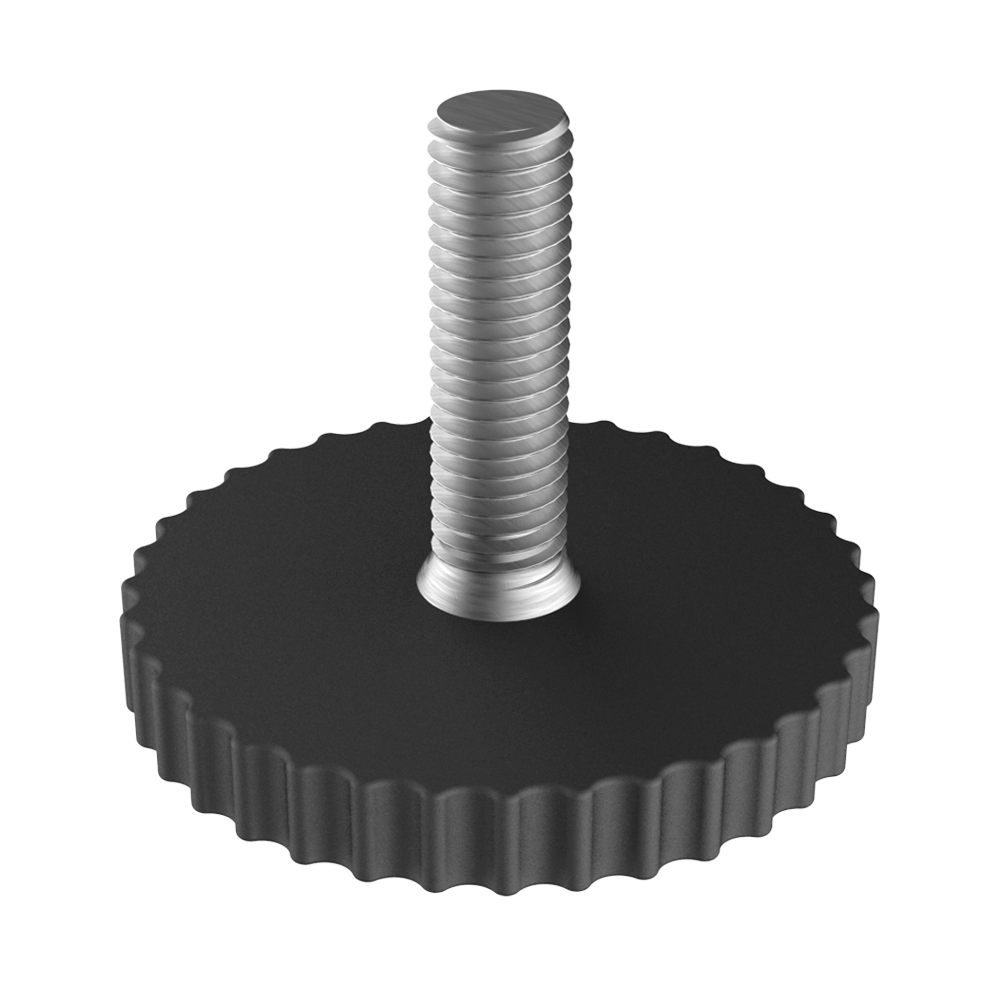 Our LKT leveling foot is made of <i>nylon (PA6 - <b>polyamide 6</b>)</i>, something that gives it good resistance, and has a design with a <b>knurled/grooved</b> base which provides ease of handling and a quality finish.<br>
The adjustable foot is available with a <b>non-slip base</b> (references ending in <b>CB</b>), whose manufacture is made of <i>TPE - <b>thermoplastic elastomer</b>)</i>.<br>
Adjustable foot whose base is equal to or greater than 60 mm in diameter can be fitted with the <b><a href='https://www.iscsl.co.uk/trimming-cover-for-round-tubes/lrr/'> LRR </a></b>trim.<br>