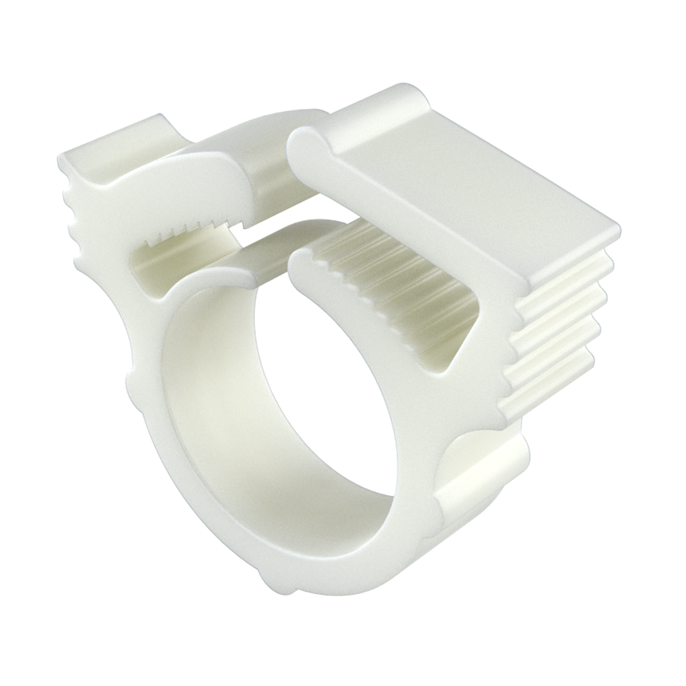 Our hose clamps are tough, corrosion resistant and resilient. They are based on the original design for this type of fastener. A overlapping tapered ring is fastened around the hose or tubing desired and secured to the required tightness by compressing interacting groves in a ratcheting fashion, creating a tight sealing application. Clamps may be removed by separating the clamping halves in a perpendicular direction at the seal. Clamps can be used in the following fields of application: appliance, electrical, electronic, R.V., boating and automotive. Parts are removable and reusable.