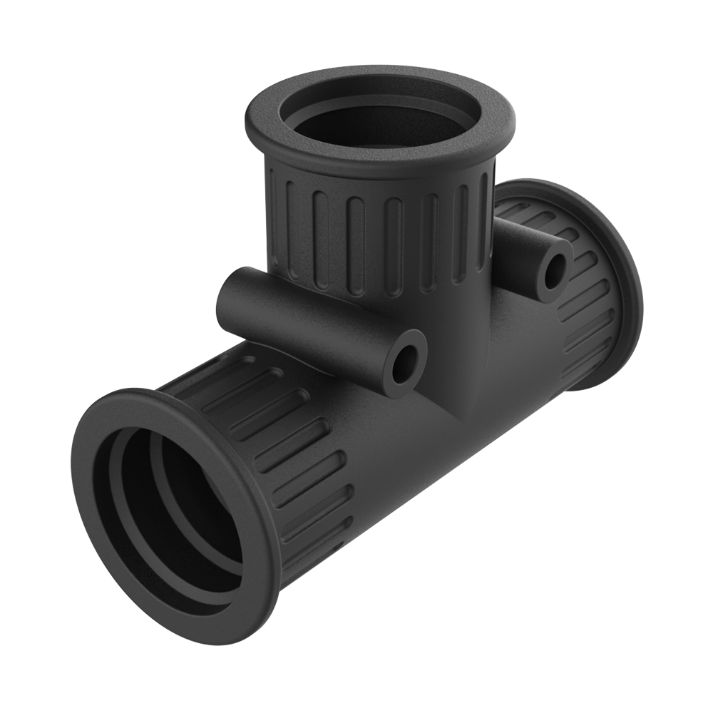 <p>Our <b>MDB</b> branch sleeves are made of soft <b>TPE</b> in a “T” shape for creating branches between tube sections.</p>

<p>These sleeves, <b>UV-resistant</b>, are pressure-mounted on tube ends and, thanks to their internal teeth, adhere perfectly to the tube's outer profile. Wall mounting holes have a diameter of Ø 4 mm. They can be used even between tubes of different sizes.</p>

<p>· <b>Material:</b> TPE<br>
· <b>Color:</b> black<br>
· <b>Operating temperature:</b> -40 °C / +120 °C (with ends up to +150 °C)<br>
· <b>IP protection:</b> IP66 according to EN 60529</p>

<p><i>Available in grey on request.</i></p>