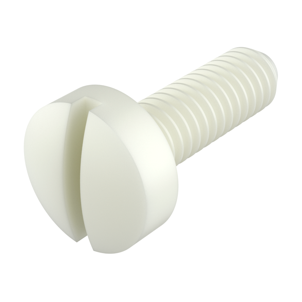Our nylon fillister slotted head screws provide excellent resistance against chemicals (see table of properties). It is a material with a high level of dielectric strength, it does not rust and prevents damage due to breaking strength during mechanical stress.