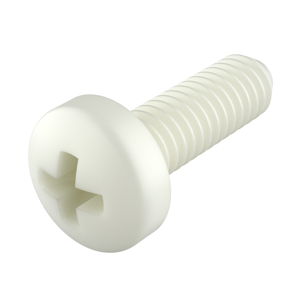 Our nylon pan phillips head screws (DIN 7986 screws) provide excellent resistance against chemicals (see table of properties). It is a material with a high level of dielectric strength, it does not rust and prevents damage due to breaking strength during mechanical stress.