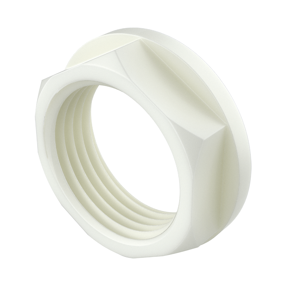<p>Our <b>MTHA hexagonal nut</b> with integrated flange, similar to DIN 6923, is designed for technical fastenings requiring an enlarged bearing surface without the need for an additional washer.</p>

<p>The integrated collar increases the contact area with the mounting surface, reducing point pressure and improving assembly stability against vibrations or support deformation. Manufactured in <b>PA66</b>, it combines mechanical strength, light weight and electrical insulation.</p>

<p>· <b>Geometry:</b> Hexagonal with flange<br>
· <b>Main function:</b> Fastening with extended load distribution<br>
· <b>Material:</b> PA66<br>
· <b>Technical advantage:</b> Replaces washer and improves seating stability</p>

<p>Suitable for electrical and mechanical applications where surface protection and weight reduction are required.</p>