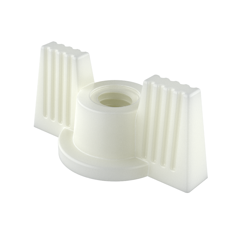 Our MTMD <b>wing nuts</b> with metric through thread, manufactured in <b>PA66</b> (Polyamide 66 “Nylon”), offer excellent resistance to chemicals (see technical sheet), a high level of dielectric strength, they do not oxidize and prevent damage caused by overvoltage. <br><br>
These wing nuts are available in a <b>self-locking</b> variant.