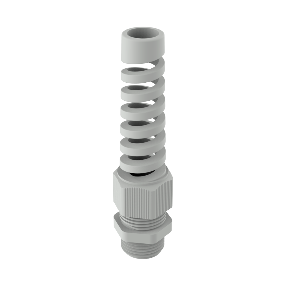 PRPRF flexible cable glands, manufactured according to <b>DIN EN 62444/50262</b>, allow the cable to move freely even continuously and offer excellent protection even when vibrations are present. The body is made of <b>PA6</b> (nylon6) and the internal seal of <b>CR</b> (Rubber - Chloroprene). It complies with IP66 and IP698 (up to 5 bar) type 4X (UL 50E) protection. For optimal sealing, we recommend using the lock nut (families <a href='
https://www.iscsl.co.uk/hexagonal-lock-nut-with-flange/prtu/
' target='_blank'><b>PRTU</b></a>, <a href='
https://www.iscsl.co.uk/hexagonal-lock-nut/prtum/
' target='_blank'><b>PRTUM</b></a>, <a href='
https://www.iscsl.co.uk/hexagonal-lock-nut/prtue/
' target='_blank'><b>PRTUE</b></a>) and the flat section O-ring (<a href='
https://www.iscsl.co.uk/o-ring-for-metric-and-pg-threads/prp/
' target='_blank'><b>PRP</b></a>), which are sold separately.<br>All three colours are UV resistant (F1 according to UL 746C). Under special production, we can supply the colours RAL3020 (red), RAL9003 (white) and RAL5015 (blue), as well as replacement seals for multi-core or flat cables. <br><br>Standards and Certifications: VDE (EN 62444), UL (UL 514B, CSA C22.2 Nr. 18.3-12 and 94.2-15), c-CSA-us (CSA C22.2), DNV GL (EN 62444). <i>Some regulations may not cover all sizes, please consult our sales department</i>.