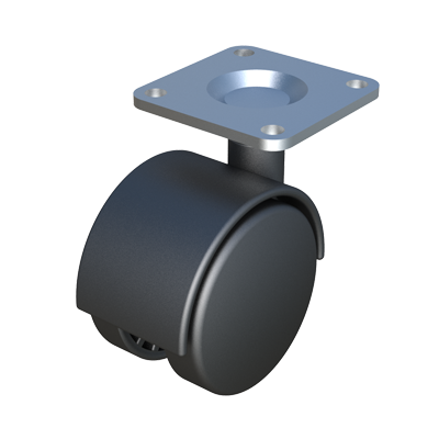 Rotatory wheel without brake. It's made of polypropylene and its design incorporates a steel plate for fixing on wooden furniture. The recommended individual loading capacity is 50 kilos.