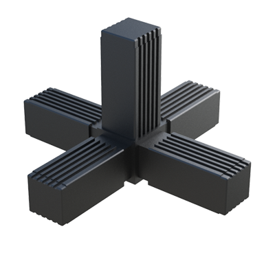 Our 5-way connector has been designed for square tubes. It is supplied without internal metal core or with the internal core in steel, stainless steel, or in zinc coated steel.