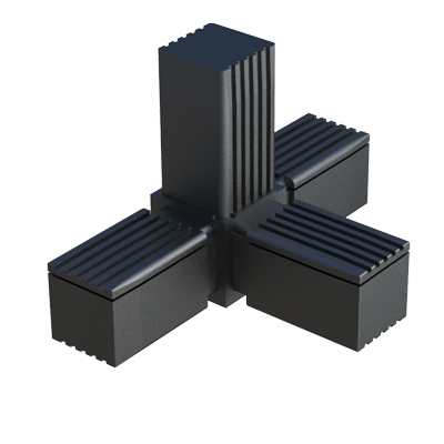 Our 4-way connector has been designed for square tubes. It is supplied without internal metal core or with an internal steel core.