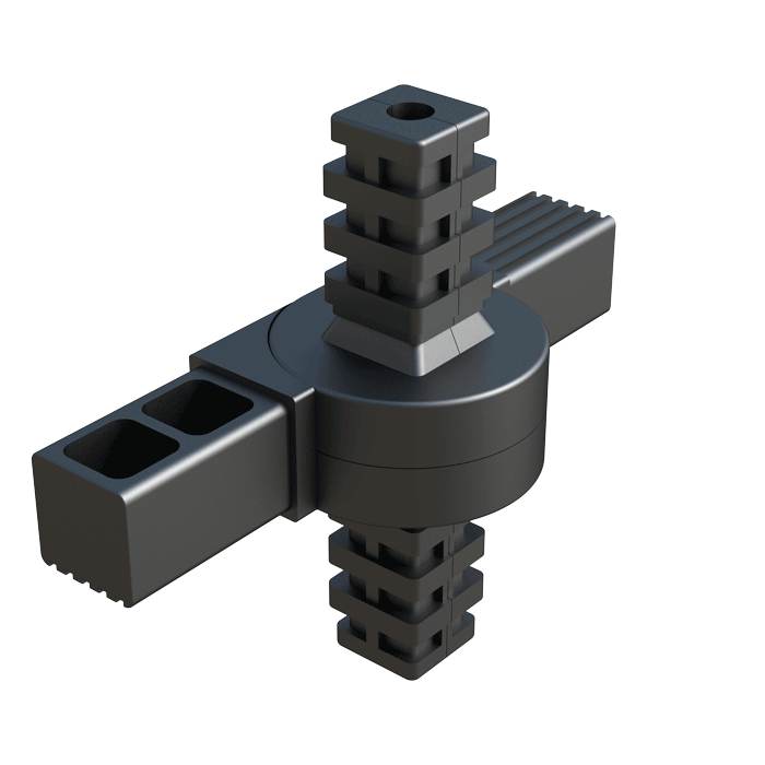 Our hinge 4-way connector has been designed for square tubes. It has an angle which goes from 0º to 190º, or from 0º to 180º, depending on the reference.