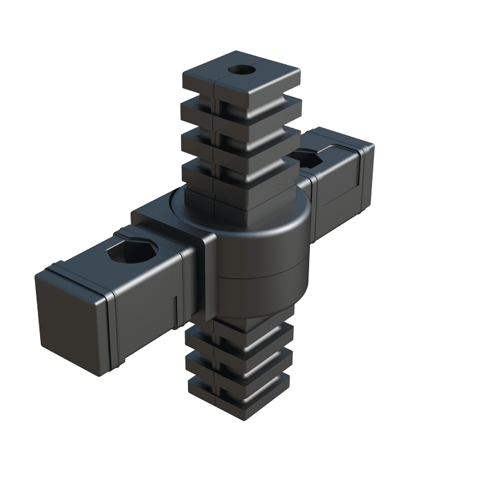Our hinge 4-way connector has been designed for square tubes. It has an angle which goes from 45º to 200º.