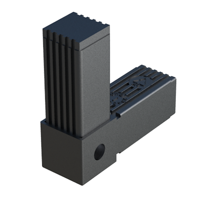 Our elbow connector has been designed for square tubes. It is supplied with the internal core in steel.