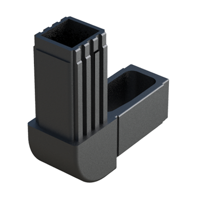 Our elbow connector has been designed in order to connect 2 square tubes. It is supplied without internal metal core. This connector has a rounded external part which gives a good finish.