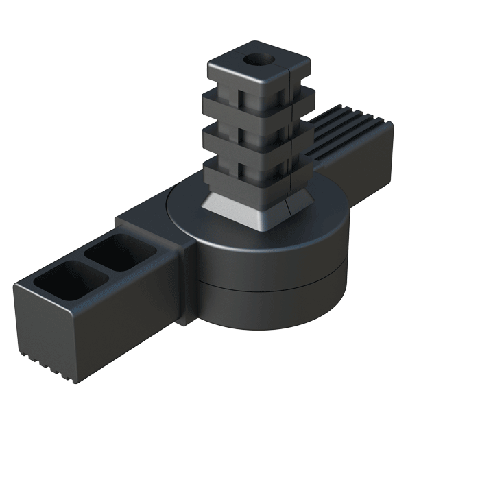 Our hinge 3-way connector has been designed for square tubes. It has an angle which goes from 0º to 190º, or from 0º to 180º, or from 0º to 60º, or from 45º to 195º, depending on the reference.